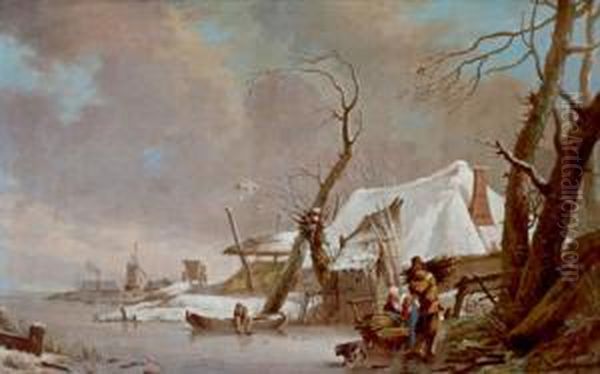 Grande Paesaggio Invernale Con 
Un Casale Ed Una Coppia Di Contadini Che Raccoglie La Legna Oil Painting by Hendrick Willelm Schweickhardt