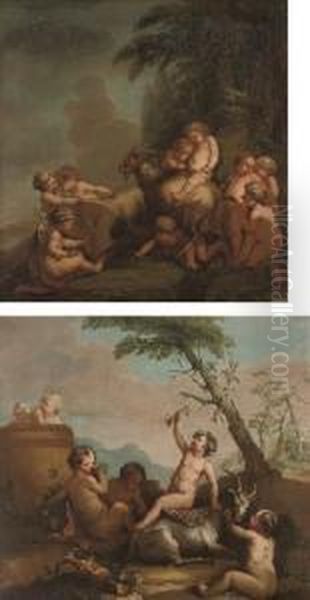 The Infant Bacchus On A Goat, 
With Putti Disporting, In A Landscape; And Putti Disporting With A Goat,
 In A Landscape Oil Painting by Hendrick Willelm Schweickhardt