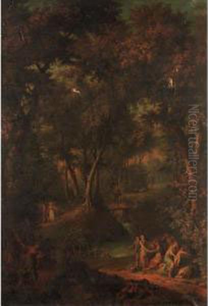 Wooded Landscape With Figures 
Resting Beside A River, And Children Fighting In The Foreground Oil Painting by Hendrick Willelm Schweickhardt