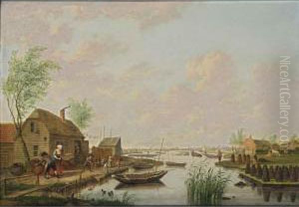 A Canal Landscape With A Peasant
 Family Outside Their Cottage And Piles Of Peat Along The River Bank, 
With Peat-grounds Beyond Oil Painting by Hendrick Willelm Schweickhardt