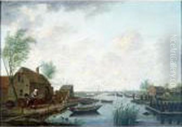A Canal Landscape With A Peasant
 Family Outside Their Cottage And Piles Of Peat Along The Bank Oil Painting by Hendrick Willelm Schweickhardt