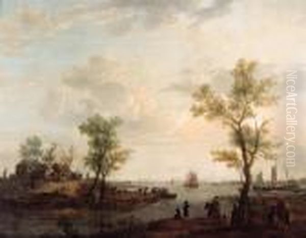 Figures By An Inn In An 
Extensive River Landscape With Travellersand Huntsmen Resting In The 
Foreground; And An Extensive Riverestuary With Figures On A Ferry Before
 A Blacksmiths Oil Painting by Hendrick Willelm Schweickhardt