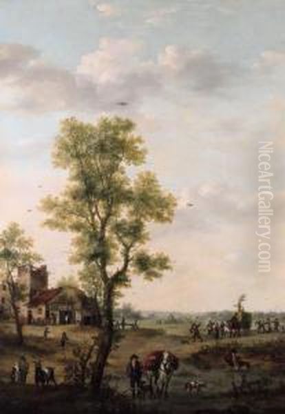 Harvesters Returning To A 
Village In An Extensive Landscape; Andfishermen Unloading Their Catch In
 An Extensive Landscape Oil Painting by Hendrick Willelm Schweickhardt