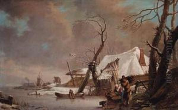 A Winter Landscape With Faggot Gatherers On A Frozen Waterway By Acottage Oil Painting by Hendrick Willelm Schweickhardt