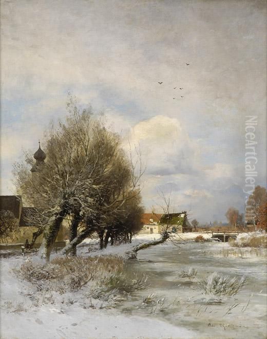 Winterliche Fluslandschaft. Oil Painting by Adolf Gustav Schweitzer