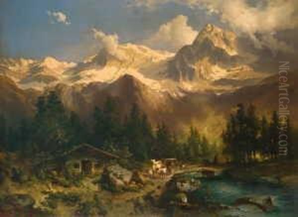 Hochgebirgslandschaft. Signiert 
Unten Links: Carl Schweninger. Ol Auf Leinwand. H 93; B 127 Cm. Oil Painting by Carl I Schweninger