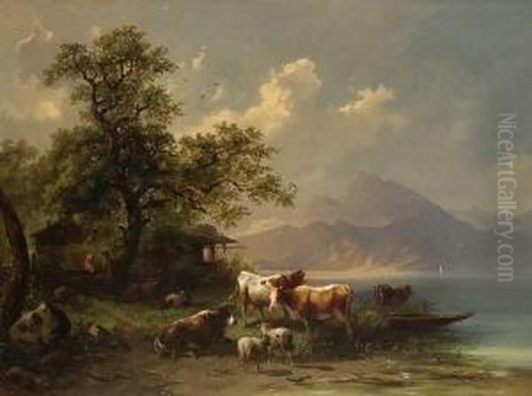 Viehherde Am Ufer Eines
 Gebirgssees. Oil Painting by Carl I Schweninger