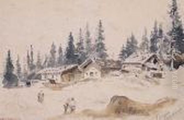 Zima W Alpejskiej Wiosce Oil Painting by Carl I Schweninger