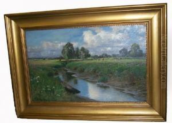 Norddeutsche Wiesenlandschaft 
Bei Schulau An Einem Sommertag. Mittig Sich Schlangelnder Bachlauf Mit 
Einem Am Ufer Liegendem Kahn. Rechts Ruhende Und Weidende Rinder. Unten 
Links Signiert, Datiert Und Bezeichnet Fr. Schwinge, 1887. Schulau. Ol 
Auf Oil Painting by Friedrich Wilhelm Schwinge