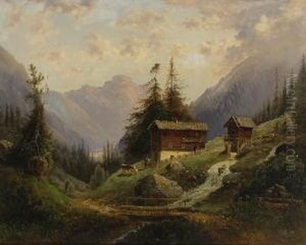 Bergbauernhof Am
 Gebirgsbach. Oil Painting by Ludwig Sckell