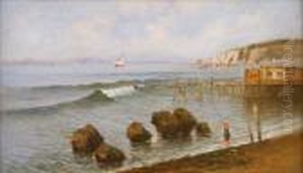 Costiera Napoletana Con Pescatorello 
Barche Di Pescatori A Napoli Con Castel Dell'ovo Oil Painting by Raimpondo Scoppa