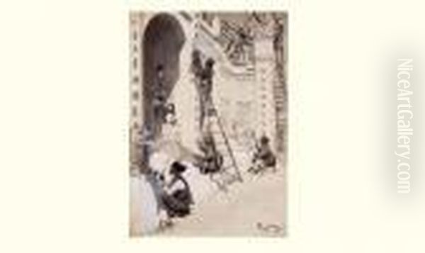 L'exposition Universelle De 1900
 : L'exposition De L'indochine. Artistes Annamites Travaillant Au Palais
 Co-loa (tonkin) Oil Painting by Georges Bertin, Dit Scott De Plagnolles