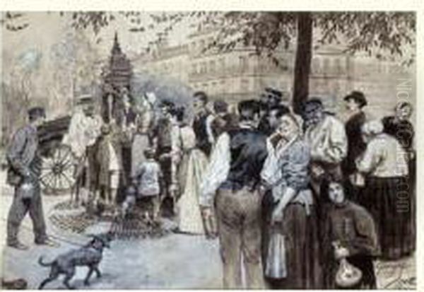 La Distribution De L'eau De 
Seine A Paris. Les Abords D'une Fontaine Publique Pourvue D'eau De 
Source Dans Le Quartier Des Ternes Oil Painting by Georges Bertin, Dit Scott De Plagnolles
