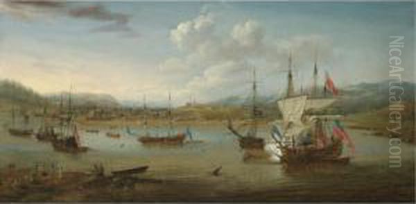 British Vessels At Anchor In 
Annapolis Royal Harbour River, Nova Scotia, With A Vice-admiral Of The 
Red Firing A Salute Oil Painting by Samuel Scott