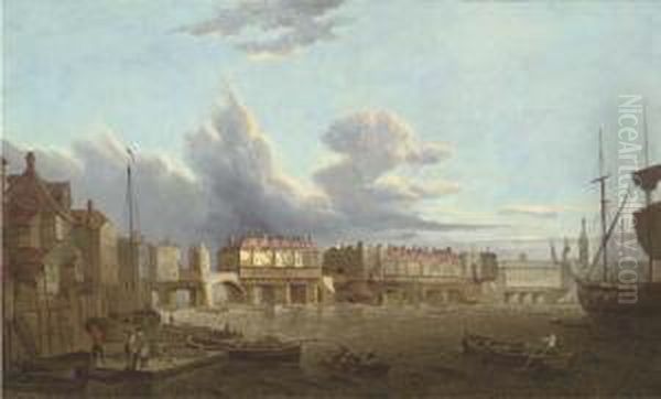 An Extensive View Of Old London 
Bridge From The East, With Thechurch Of St. Magnus And The Monument 
Beyond Oil Painting by Samuel Scott