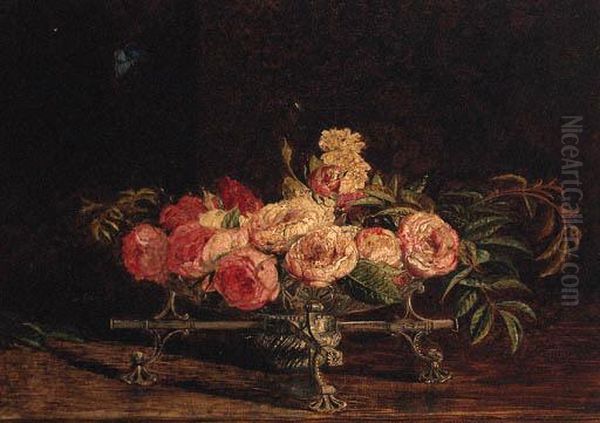Pink And White Roses In An 18th 
Century Silver Dish-cross, Achalkhill Blue Butterfly Above Oil Painting by William Bell Scott