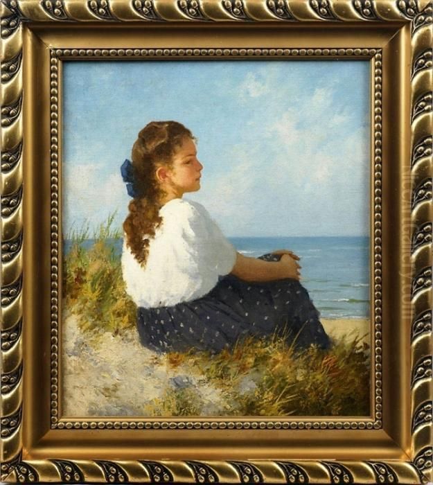 Charakteristisches, 
Impressionistisches Strandbild Seegers, In Dessen Oeuvre Harmonisch 
Komponierte Darstellungen Traumverloren Sinnierender Madchen An Der 
Sommerlichen, Sonnigen Kuste Einen Schwerpunkt Bilden. Ol/lwd.; 51 Cm X 
44 Cm. R. Oil Painting by Hermann Seeger
