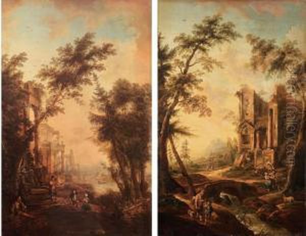 Un Enfant Jouant De La Flute Et 
Des Enfants Dansant Devant Desruines; Et Promeneurs Et Enfants Au Bord 
D'un Ruisseau Et Deruines Oil Painting by Joseph Conrad Seekatz