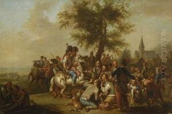 Soldaten (panduren?) Vor Dem
 Dorf. Oil Painting by Joseph Conrad Seekatz