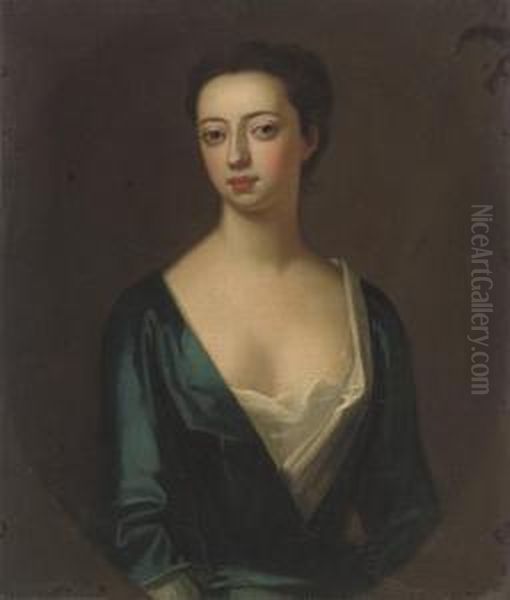 Portrait Of A Lady, 
Traditionally Identified As Elizabeth Greville (d.1699), Lady Guilford, 
Half-length, In A Blue Dress, In A Feigned Oval Oil Painting by Enoch Seeman