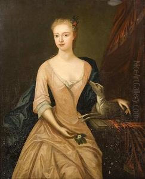 Portrait Of A Lady, Seated With A
 Dog, Wearingpink Dress And Sprig Of Flowers In Her Hair Oil Painting by Enoch Seeman