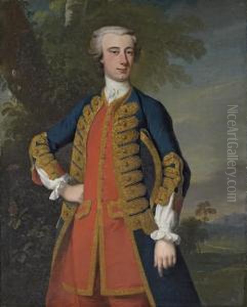 Portrait Of A Gentleman, 
Traditionally Identified As Mark Currie, Of Berwick-upon-tweed, 
Three-quarter-length, In A Blue Coat With Gold Trim And A Red Waistcoat,
 A Hat Under His Left Arm, In A Landscape Oil Painting by Enoch Seeman