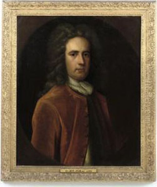 Portrait Of Sir John Jacob 
(d.1740), Half-length, In A Burgundy Coat And A Breastplate, In A 
Feigned Oval Oil Painting by Enoch Seeman