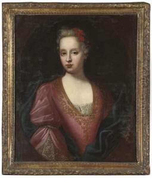 Portrait Of A Young Lady, 
Quarter-length, In A Purple Dress With Lace Trim, A Red Bow In Her Hair Oil Painting by Enoch Seeman