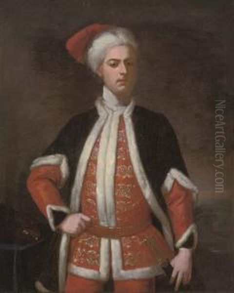 Portrait Of A Gentleman, 
Three-quarter-length, In A Red Suit Embroidered With Gold, And A Blue 
Mantle, Both Trimmed With White Fur, And A Red Hat With White Fur Trim, 
His Left Hand Resting On The Hilt Of His Sword, In A Landscape Oil Painting by Enoch Seeman
