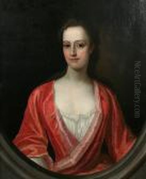 Portrait Of A Lady, Half Length,
 Believed To Be Margaret Verney (died 1774), Wearing Red Gown, In 
Painted Oval Oil Painting by Enoch Seeman