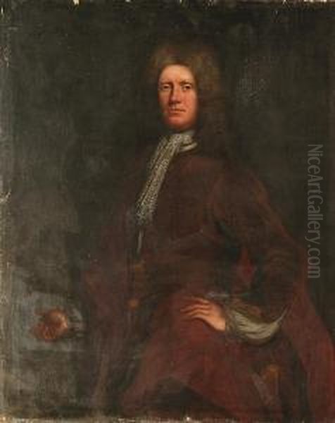 A Portrait Of A Gentleman 
Standing, Three Quarter Length, With Powdered Wig And Lace Jabot And 
Russet Coat Oil Painting by Enoch Seeman