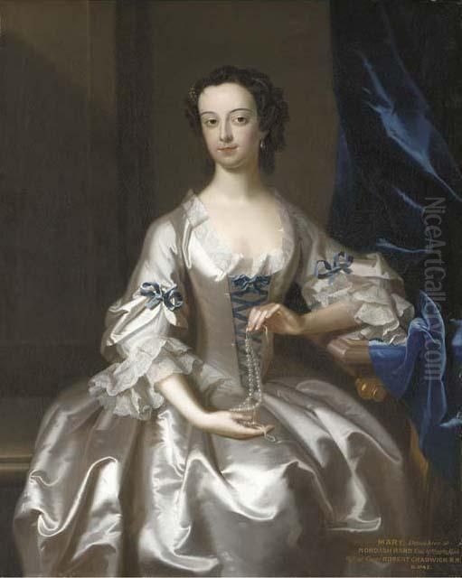Portrait Of Mary Rand, 
Half-length, Seated, In An Oyster-satindress With Blue Ribbons, Holding A
 String Of Pearls, In An Interiorby A Blue Velvet Curtain Oil Painting by Enoch Seeman