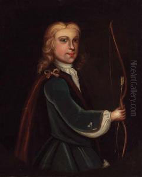 Portrait Of A Boy, Half-length, 
In A Blue Coat And White Shirt,holding A Bow And Arrow, Feigned Oval Oil Painting by Enoch Seeman