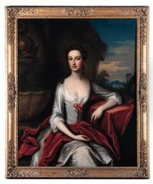 Portrait Of Anne Columbine, 
Seated Three-quarter Length In A Whitedress With A Burgundy Wrap, A 
Landscape Beyond Oil Painting by Enoch Seeman