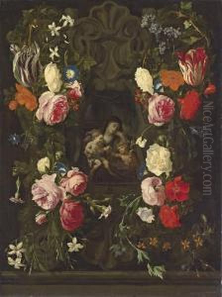 The Virgin And Child With The 
Infant Saint John The Baptist, In A Sculpted Cartouche, Surrounded By A 
Garland Of Roses, Tulips, Carnations And Other Flowers Oil Painting by Daniel Seghers