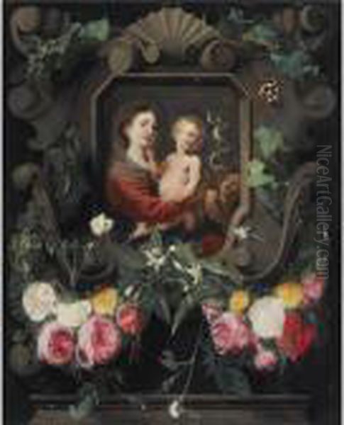 The Virgin And Child With The 
Infant Saint John, In A Stonecartouche, Decorated With A Garland Of 
Roses, Snowdrops And Ivy,together With Two Butterflies Oil Painting by Daniel Seghers