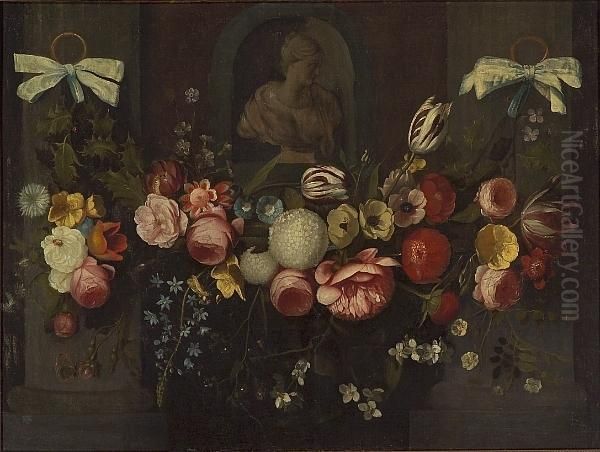 A Garland Of Holly, Tulips, 
Roses And Other Flowers Beneath A Sculptural Bust In A Niche Oil Painting by Daniel Seghers