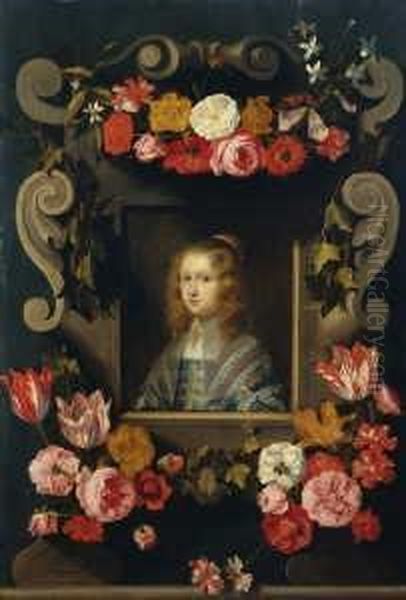 Barockkartusche Mit Drei 
Blumengirlanden. Im Mittelfeld Das Bildnis Eines Jungen Madchens. Oil Painting by Daniel Seghers