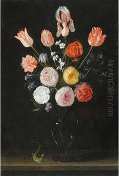 A Bouquet Of Flowers Including 
Tulips, Roses And Carnations, In A Glass Vase On A Stone Ledge With A 
Salamander Oil Painting by Daniel Seghers