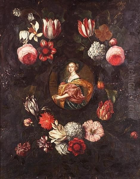 Portrait Of A Lady, 
Three-quarter-length In A Blue Dress With Pink And Gold Wraps Surrounded
 By A Garland Of Flowers Oil Painting by Daniel Seghers