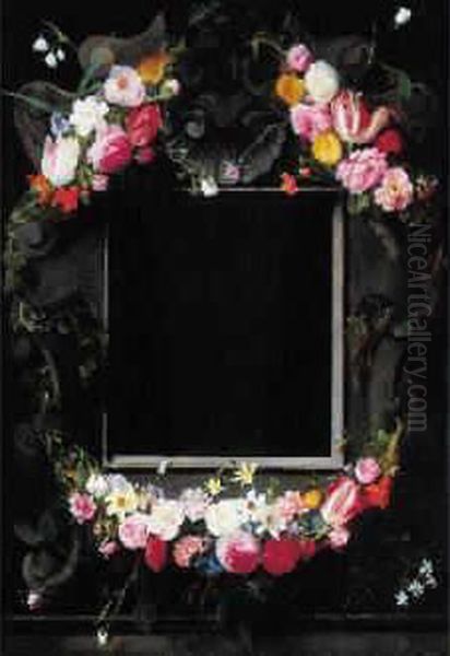 Guirlande De Fleurs Autour D'un Miroir Central Oil Painting by Daniel Seghers