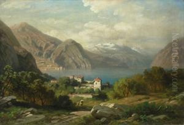 Berglandschaft Mit Dem Tiefer 
Liegenden See Im Mittelgrund, Davor Hausergruppe Mit Heraufziehenden 
Personen. Im Hintergrund Schneebedeckte Bergzuge Und Stadtchen Am Ufer. Oil Painting by August Seidel