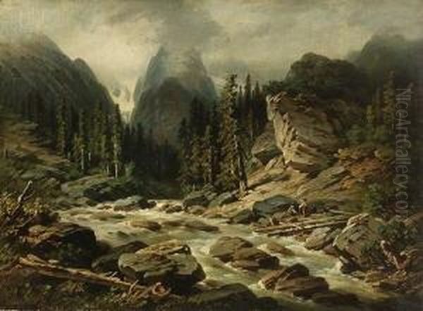 Wildbach Im Felsigen
 Gebirgstal. Oil Painting by August Seidel