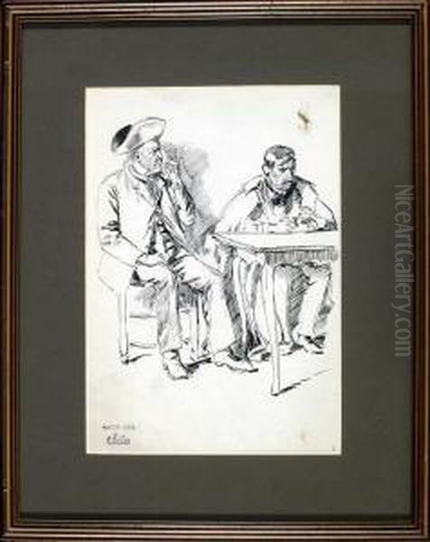 Auf Einem Stuhl Sitzender 
Pfeiferaucher Mit Dreispitz Und Herr Mit Verschrankten Handen Am Tisch Oil Painting by Carl Seiler