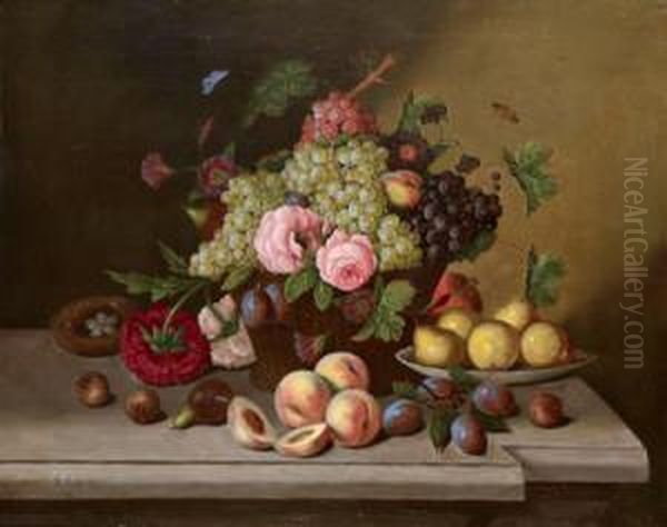 Obststillleben Mit Rosen Und Vogelnest Auf Marmorplatte Oil Painting by Georg (Johann G.) Seitz