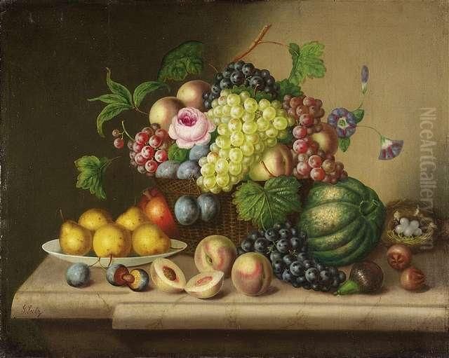 Still-life With Fruit And 
Flowers On A Marble Plate. Still-life With Fruit, Flowers And A Parakeet
 On A Marble Plate. A Pair. Oil/canvas, The First One Signed Oil Painting by Georg (Johann G.) Seitz