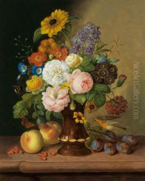 Blumenstilleben Mit Fruchten Und Vogel Oil Painting by Georg (Johann G.) Seitz
