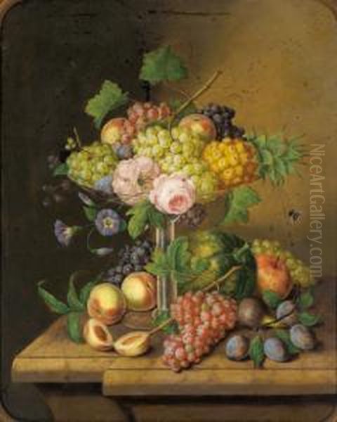Fruchte Und Blumenstilleben Auf Steinplatte Oil Painting by Georg (Johann G.) Seitz