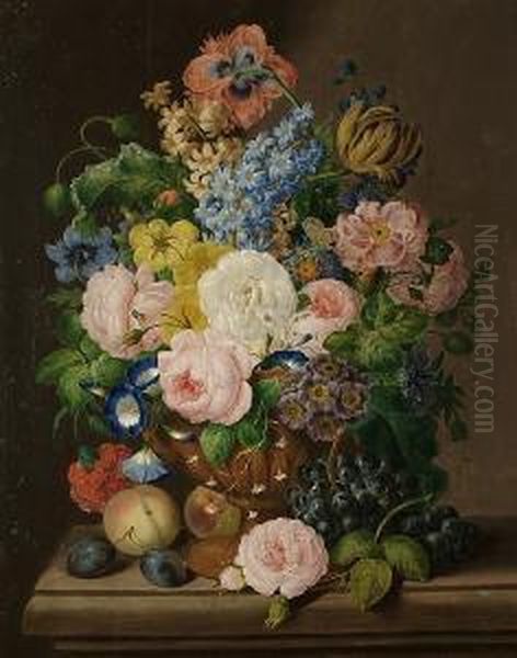 An Impressive Still Life Of Flowers In An Urn Resting On A Ledge With Fruit And Flowers Oil Painting by Georg (Johann G.) Seitz
