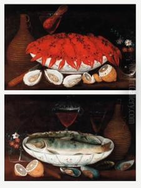 Crayfish And Salmon In Porcelain Bowls Oil Painting by Georg (Johann G.) Seitz